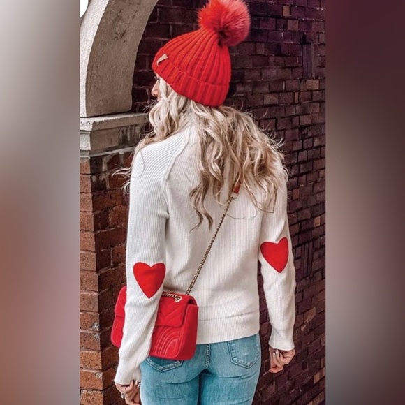 Chicwish Sweaters - CHICWISH heart elbow patch knit turtleneck sweater white/red small/medium